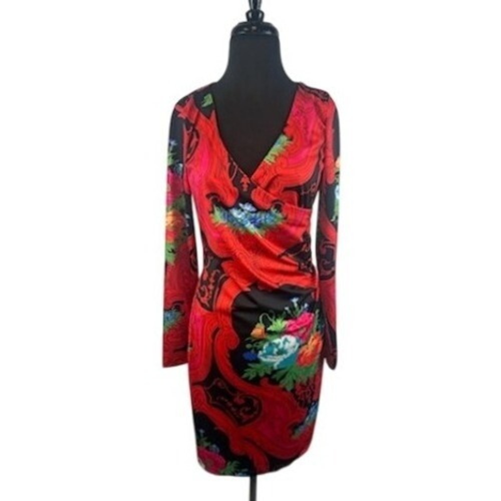 Julie Brown NYC Floral Lila Long Sleeve Mini Dress Red Black Size Medium $200